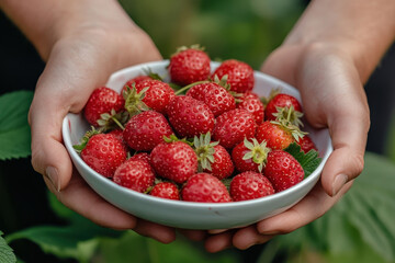 Wall Mural - A person is holding a bowl full of red strawberries