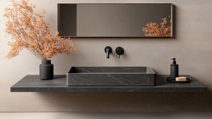 Wall Mural - A sleek black marble sink sits atop a light wood vanity, accompanied by a neutral towel and a soft brush. Dried flowers add a touch of nature while a mirror reflects the minimalist design