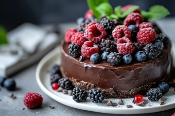 Canvas Print - A chocolate cake with raspberries and blueberries on top