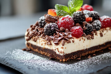 Canvas Print - A chocolate cake with berries and whipped cream on top