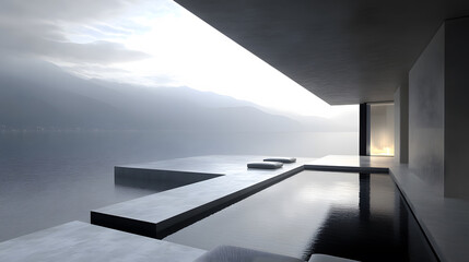 Fototapete - A minimalist architectural design overlooking a tranquil body of water, featuring sleek lines and a serene atmosphere