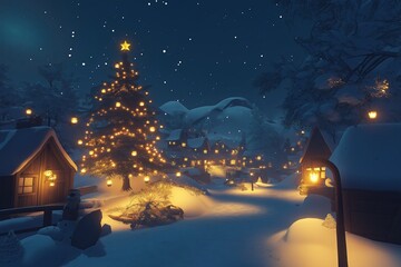 Wall Mural - A snowy village at night, with glowing lanterns and a cozy Christmas tree in the center