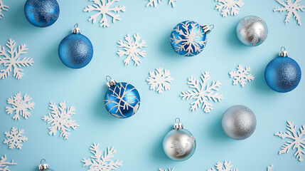 Sticker - Decorative blue and silver Christmas ornaments surrounded by festive snowflakes on a blue background