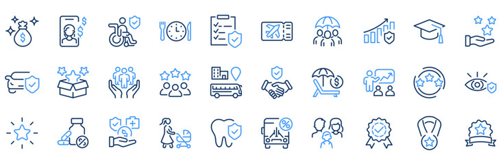 employee benefit web line icons. included icons as teamwork, insurance, paid vacation, pension, soci