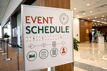 a sign displaying an event schedule with icons indicating various activities, set in a modern indoor