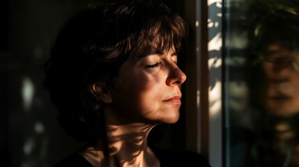 Poster - Woman with closed eyes lit by warm sunlight.