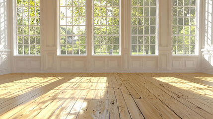 Wall Mural - Sunlit room, hardwood floor, garden view, interior design