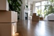 © Milos - A collection of cardboard boxes in a modern, sunlit living room demonstrates organization and space, enhancing the aesthetic appeal with natural light and greenery.