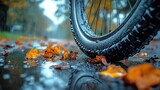 Close-up of a flat bicycle tire resting on wet pavement with reflections and fallen leaves