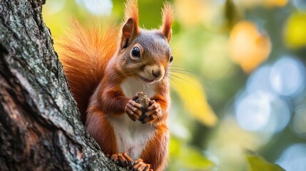 Wall Mural - a fluffy red squirrel with a nut perched on a tree branch in autumn scenery