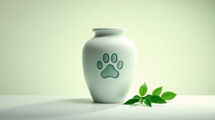 A white ceramic pet cremation urn with a paw print engraving sits on a white background, symbolizing purity, peace, and eternal love for a lost pet.