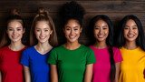Pięć uśmiechniętych kobiet w kolorowych koszulkach