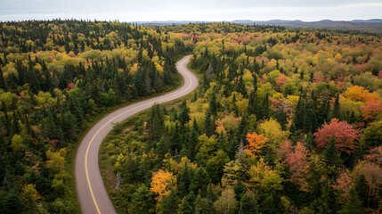 Wall Mural - Aerial aerial road winding path forest tree canopy