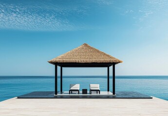 Wall Mural - An opulent gazebo offers a calming escape under the shade on a tropical beach, featuring palm trees and turquoise water.