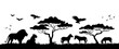 © Larisa - Silhouette of animals and birds in the savannah. African landscape scene. Vector horizontal seamless tropical background with lions, zebras and flying birds. Black isolated silhouette