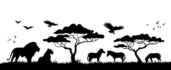 Wall Mural - Silhouette of animals and birds in the savannah. African landscape scene. Vector horizontal seamless tropical background with lions, zebras and flying birds. Black isolated silhouette