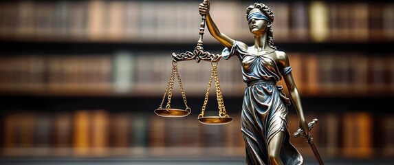 Lady Justice Sculpture with Blindfold, Scales, Law, Court, Legal System, Equality, Judgment, Gavel, Books, Library Background, Crime, Trial, Judicial Authority