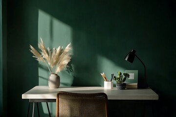 a home office desk, set against a dark green wall, with a white table mock-up prominently displayed.