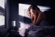 © terovesalainen - Nightmare or insomnia. Woman in bed. Anxiety and stress at night. Sleep apnea. Sad depressed with trauma or disorder. Sleepless crying. Schizophrenia, loneliness, panic or shame. Bad dream. Headache.