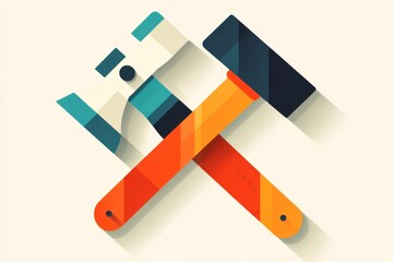 Aufkleber - A clean, flat icon of a hammer and ruler crossed over each other, representing construction and design, with muted tones on a plain canvas
