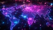© MAGNIFIER - A surreal cyberpunk-style world map with neon trade routes forming an intricate spiderweb of global commerce, set in deep purple and electric blue tones.