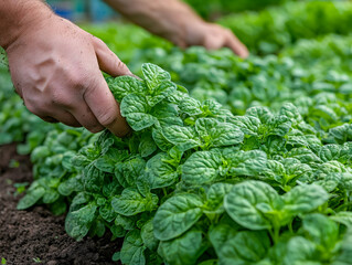 Wall Mural - Farmer harvesting fresh mint leaves in a garden