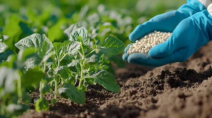 Wall Mural - Farmer fertilizing potato plants in field