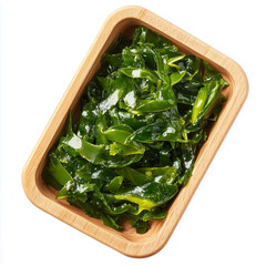 Wall Mural - Wooden Tray of Seaweed Salad, Wooden Tray, top view, isolated on white, food setting