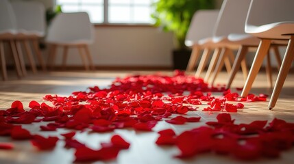 Minimalistic aisle setup with white chairs and scattered rose petals for a special event