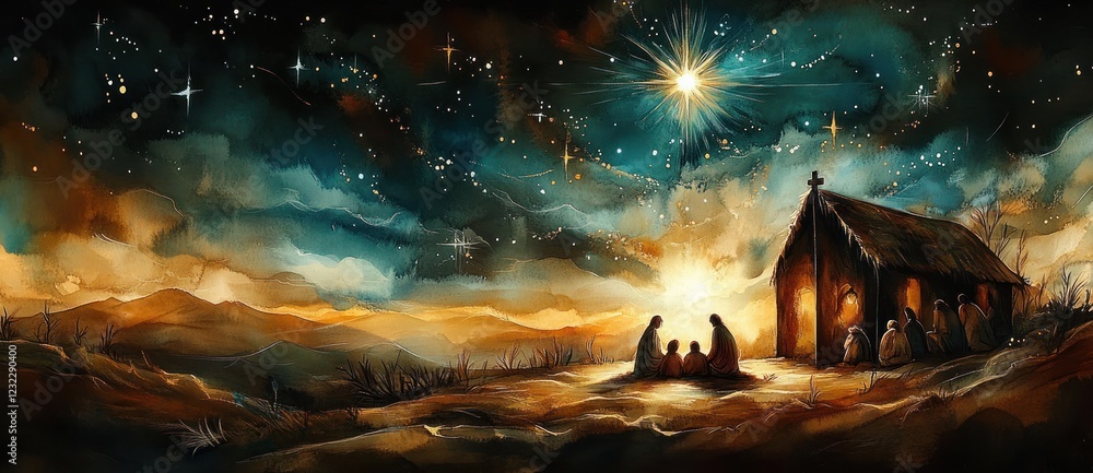 Nativity Scene in Bethlehem Watercolor Painting Christmas Illustration ...