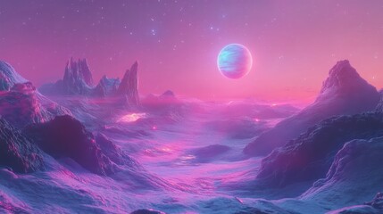 Wall Mural - Dreamlike Alien Landscape with Surreal Pink Atmosphere and Planet