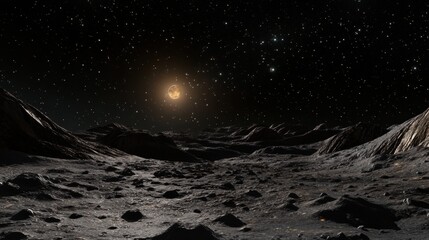 Wall Mural - Majestic Lunar Landscape Under Starry Sky with Distant Sunlight Glare