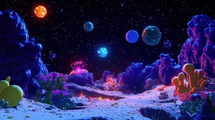 Wall Mural - Colorful Alien Landscape with Planets in Outer Space Background