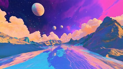 Wall Mural - Surreal Landscape with Colorful Planets and Vibrant Sky
