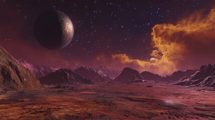 Wall Mural - Stunning extraterrestrial landscape with distant planet and stars