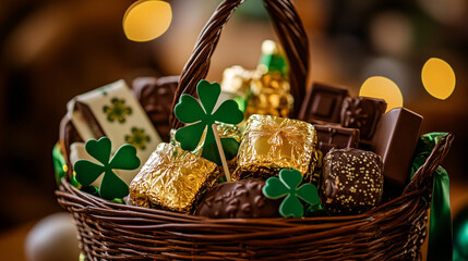 Wall Mural - Delightful St. Patrick's Day basket brimming with chocolate treasures and festive decorations