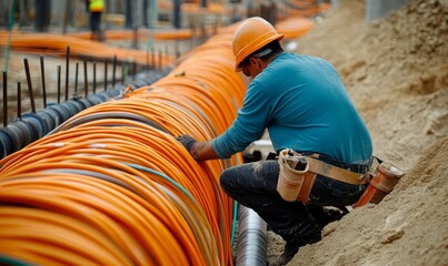 Construction worker installing many orange conduit pipes.
