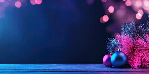 Wall Mural - Christmas ornaments and tinsel with pink and blue lights. Holiday celebration content