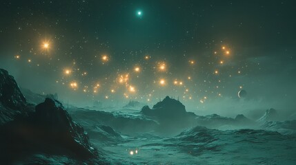 Wall Mural - ethereal landscape with bright stars and alien planetary scene