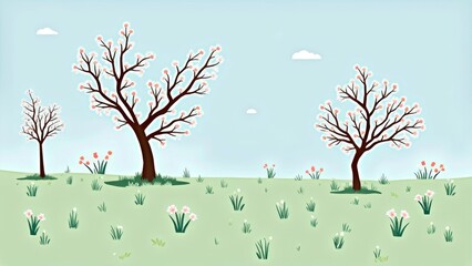 Wall Mural - Blossoming trees in a serene spring meadow with blue sky