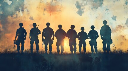 Silhouettes of Valor:  A poignant and powerful silhouette of soldiers standing together, their forms starkly outlined against a dramatic sunset sky, a poignant reminder of their courage and sacrifice.