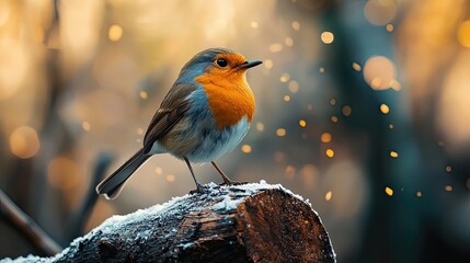 Wall Mural - a european robin perched on a snowy tree stump with bokeh background and blurred lights