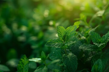 Wall Mural - Close up of vibrant green mint leaves thriving under sunlight in a lush garden setting