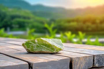 Canvas Print - This image shows a piece of green jade on a wooden table with a blurred nature background Strategic Decision-Making for High Performance is not directly applicable to this image, but we can envision