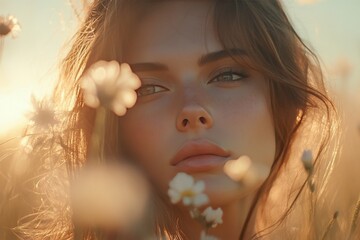 Wall Mural - Woman with serene expression surrounded by blooming flowers in a golden field during sunset