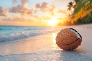 Wall Mural - Coconut shell rests on a sandy beach at sunset with ocean waves gently rolling in