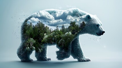 Polar bear, forest landscape inside, nature conservation, environmental protection, wildlife, stock photo