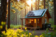 © draftseptember - A small off-grid cabin with solar panels on the roof, nestled in a forest clearing