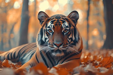 Canvas Print - Majestic tiger resting in autumn forest surrounded by colorful leaves in the serene afternoon light