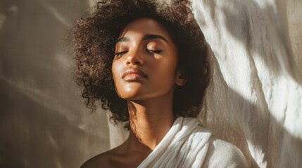 Wall Mural - Woman with curly hair bathed in soft light.